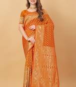KORAMS DESIGN BANARASI SILK ORANGE FLORAL DESIGN ZARI WOVEN BORDER PARTY WEAR SAREE WITH BLOUSE 