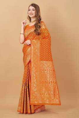 KORAMS DESIGN BANARASI SILK ORANGE FLORAL DESIGN ZARI WOVEN BORDER PARTY WEAR SAREE WITH BLOUSE  2