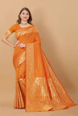 KORAMS DESIGN BANARASI SILK ORANGE FLORAL DESIGN ZARI WOVEN BORDER PARTY WEAR SAREE WITH BLOUSE  3