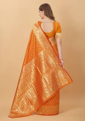 KORAMS DESIGN BANARASI SILK ORANGE FLORAL DESIGN ZARI WOVEN BORDER PARTY WEAR SAREE WITH BLOUSE  4