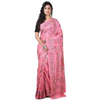 Aishani Collection Hand Embroidery Kantha Stitch Handloom Saree with bp (Pink) 1