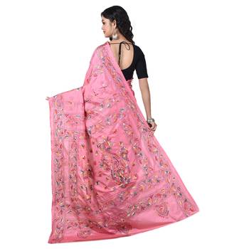 Aishani Collection Hand Embroidery Kantha Stitch Handloom Saree with bp (Pink) 2