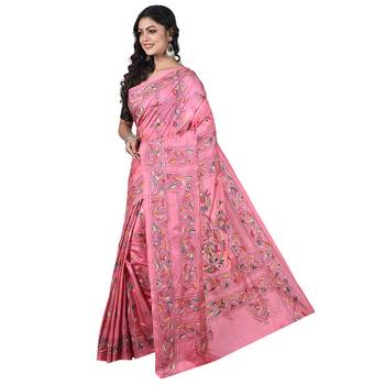 Aishani Collection Hand Embroidery Kantha Stitch Handloom Saree with bp (Pink) 3