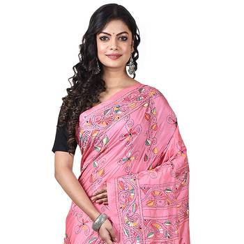 Aishani Collection Hand Embroidery Kantha Stitch Handloom Saree with bp (Pink) 4