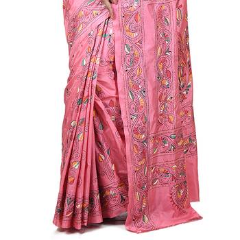 Aishani Collection Hand Embroidery Kantha Stitch Handloom Saree with bp (Pink) 5