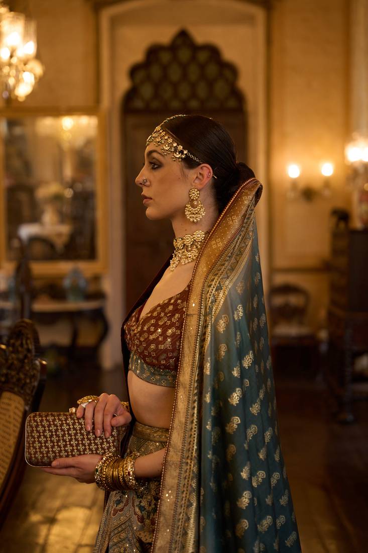 TUSSER WITH MAJENTA  AND MEHNDI Embroidered Silk Traditional Lehnga Choli with Blouse Free Size