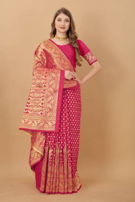 KORAMS DESIGN BANARASI SILK PINK FLORAL DESIGN ZARI WOVEN BORDER PARTY WEAR SAREE WITH BLOUSE  1