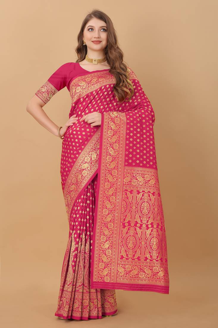 KORAMS DESIGN BANARASI SILK PINK FLORAL DESIGN ZARI WOVEN BORDER PARTY WEAR SAREE WITH BLOUSE 