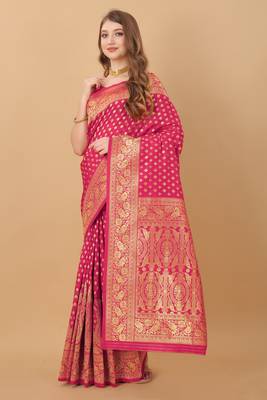 KORAMS DESIGN BANARASI SILK PINK FLORAL DESIGN ZARI WOVEN BORDER PARTY WEAR SAREE WITH BLOUSE  3