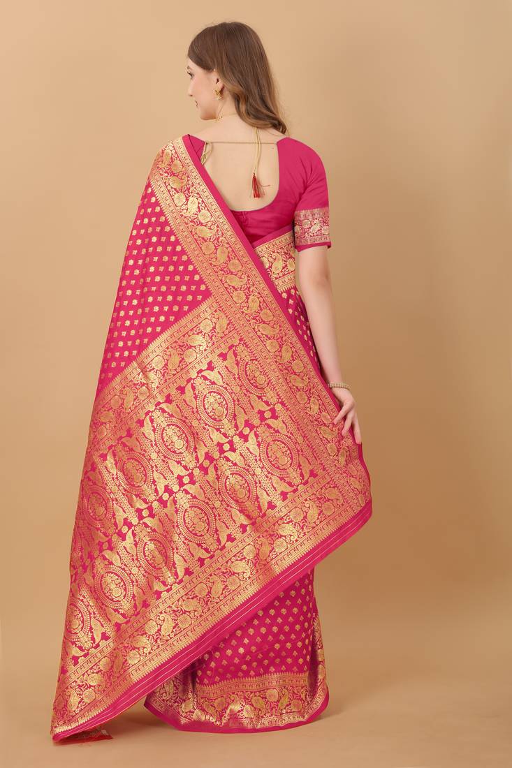 KORAMS DESIGN BANARASI SILK PINK FLORAL DESIGN ZARI WOVEN BORDER PARTY WEAR SAREE WITH BLOUSE 