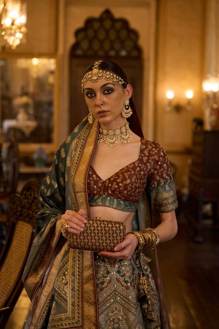 TUSSER WITH MAJENTA  AND MEHNDI Embroidered Silk Traditional Lehnga Choli with Blouse Free Size