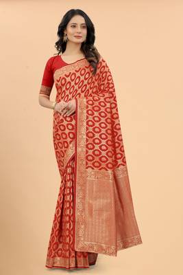 Faux Banarasi Silk Red Floral Design Zari Woven Border Party Wear Saree With Blouse  1