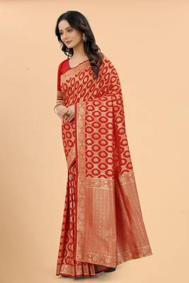 Faux Banarasi Silk Red Floral Design Zari Woven Border Party Wear Saree With Blouse  2