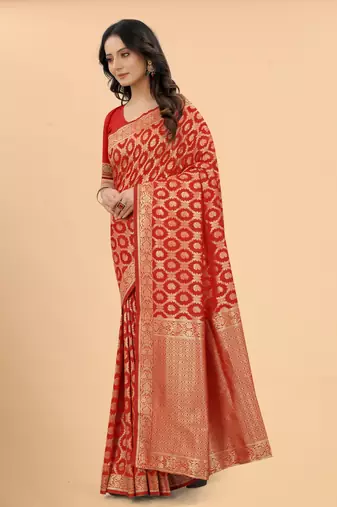 Faux Banarasi Silk Red Floral Design Zari Woven Border Party Wear Saree With Blouse 