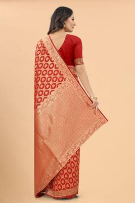 Faux Banarasi Silk Red Floral Design Zari Woven Border Party Wear Saree With Blouse  3