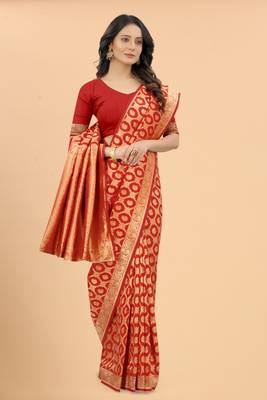 Faux Banarasi Silk Red Floral Design Zari Woven Border Party Wear Saree With Blouse  4