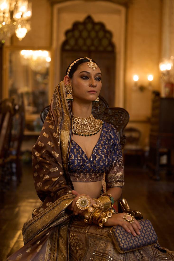 TUSSER WITH GERMAN BLUE AND MAROON Embroidered Silk Traditional Lehnga Choli with Blouse Free Size