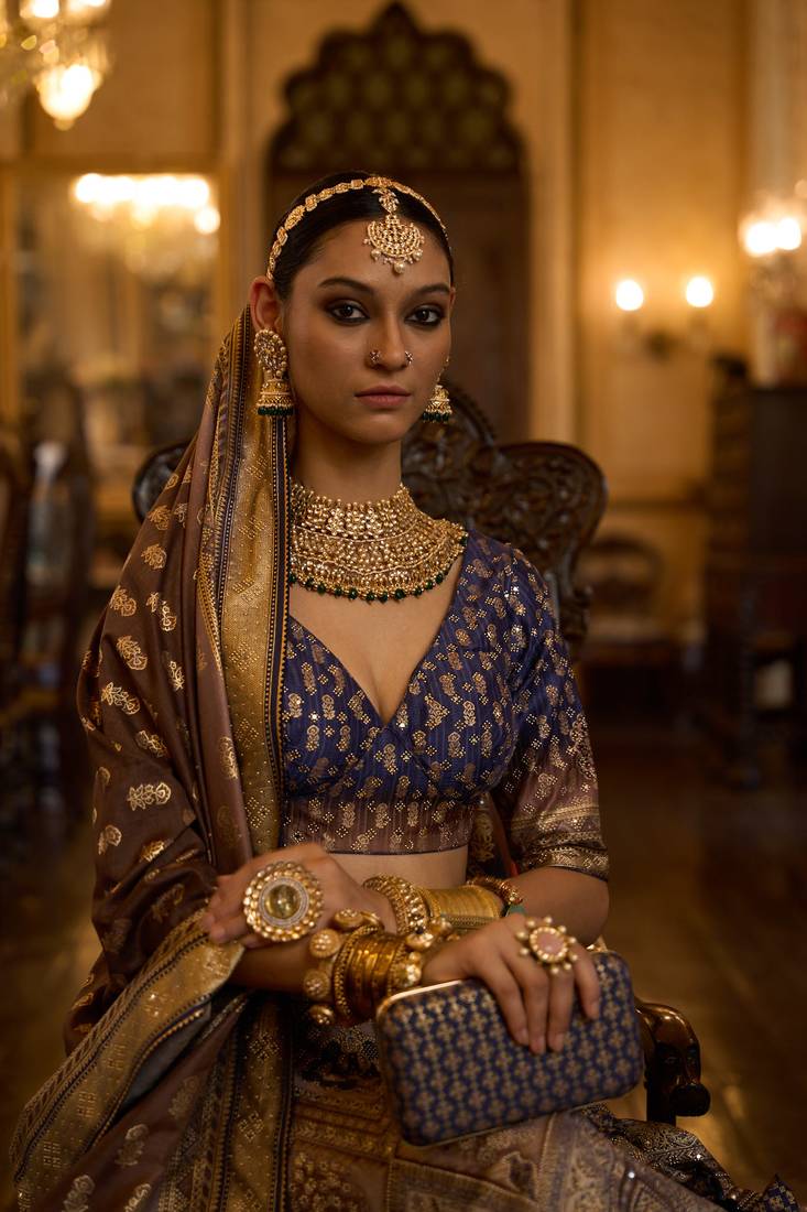 TUSSER WITH GERMAN BLUE AND MAROON Embroidered Silk Traditional Lehnga Choli with Blouse Free Size