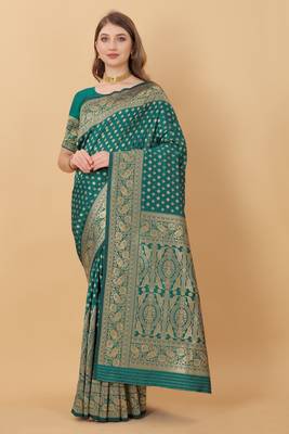 KORAMS DESIGN BANARASI SILK TEAL FLORAL DESIGN ZARI WOVEN BORDER PARTY WEAR SAREE WITH BLOUSE  1