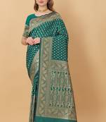 KORAMS DESIGN BANARASI SILK TEAL FLORAL DESIGN ZARI WOVEN BORDER PARTY WEAR SAREE WITH BLOUSE 