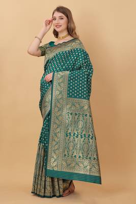 KORAMS DESIGN BANARASI SILK TEAL FLORAL DESIGN ZARI WOVEN BORDER PARTY WEAR SAREE WITH BLOUSE  2