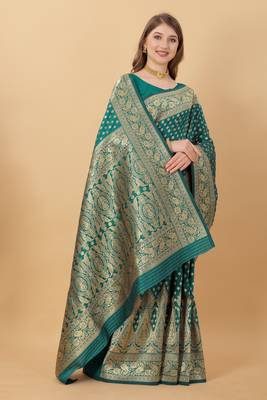 KORAMS DESIGN BANARASI SILK TEAL FLORAL DESIGN ZARI WOVEN BORDER PARTY WEAR SAREE WITH BLOUSE  3