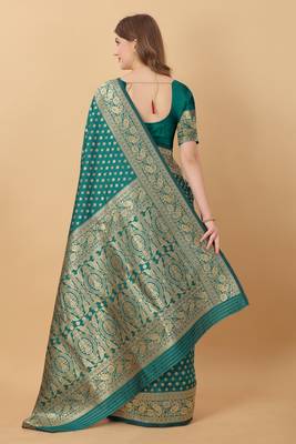 KORAMS DESIGN BANARASI SILK TEAL FLORAL DESIGN ZARI WOVEN BORDER PARTY WEAR SAREE WITH BLOUSE  4
