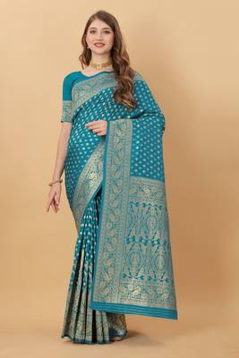 KORAMS DESIGN BANARASI SILK SKY BLUE FLORAL DESIGN ZARI WOVEN BORDER PARTY WEAR SAREE WITH BLOUSE  1
