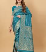 KORAMS DESIGN BANARASI SILK SKY BLUE FLORAL DESIGN ZARI WOVEN BORDER PARTY WEAR SAREE WITH BLOUSE 