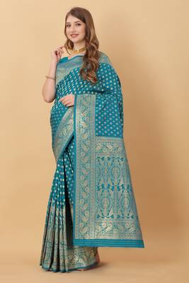 KORAMS DESIGN BANARASI SILK SKY BLUE FLORAL DESIGN ZARI WOVEN BORDER PARTY WEAR SAREE WITH BLOUSE  2