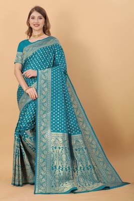 KORAMS DESIGN BANARASI SILK SKY BLUE FLORAL DESIGN ZARI WOVEN BORDER PARTY WEAR SAREE WITH BLOUSE  3