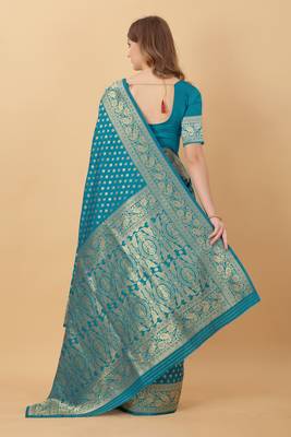 KORAMS DESIGN BANARASI SILK SKY BLUE FLORAL DESIGN ZARI WOVEN BORDER PARTY WEAR SAREE WITH BLOUSE  4