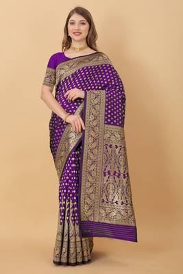 KORAMS DESIGN BANARASI SILK PURPLE FLORAL DESIGN ZARI WOVEN BORDER PARTY WEAR SAREE WITH BLOUSE  1