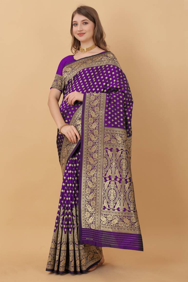 KORAMS DESIGN BANARASI SILK PURPLE FLORAL DESIGN ZARI WOVEN BORDER PARTY WEAR SAREE WITH BLOUSE 