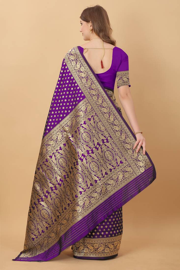 KORAMS DESIGN BANARASI SILK PURPLE FLORAL DESIGN ZARI WOVEN BORDER PARTY WEAR SAREE WITH BLOUSE 