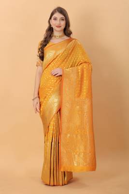 KORAMS DESIGN BANARASI SILK YELLOW FLORAL DESIGN ZARI WOVEN BORDER PARTY WEAR SAREE WITH BLOUSE  1