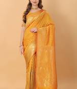 KORAMS DESIGN BANARASI SILK YELLOW FLORAL DESIGN ZARI WOVEN BORDER PARTY WEAR SAREE WITH BLOUSE 