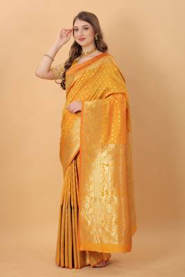 KORAMS DESIGN BANARASI SILK YELLOW FLORAL DESIGN ZARI WOVEN BORDER PARTY WEAR SAREE WITH BLOUSE  2