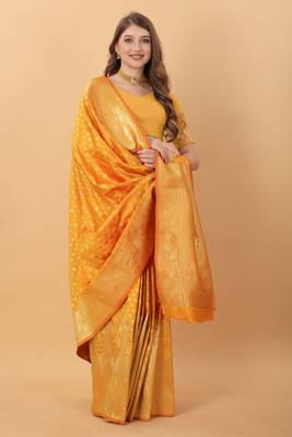 KORAMS DESIGN BANARASI SILK YELLOW FLORAL DESIGN ZARI WOVEN BORDER PARTY WEAR SAREE WITH BLOUSE  3