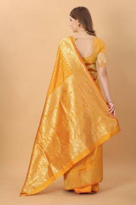 KORAMS DESIGN BANARASI SILK YELLOW FLORAL DESIGN ZARI WOVEN BORDER PARTY WEAR SAREE WITH BLOUSE  4