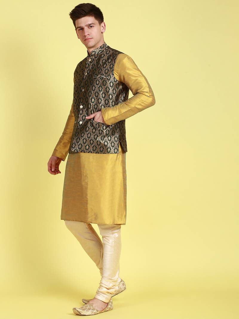 Sanwara Men Fourleaf Green Floral Straight Bandi Jacket with Kurta & Churidar