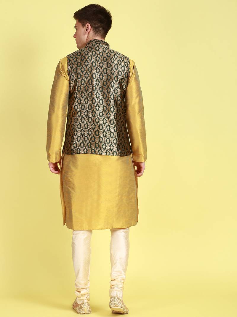 Sanwara Men Fourleaf Green Floral Straight Bandi Jacket with Kurta & Churidar