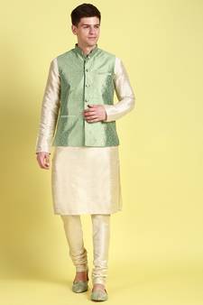 Sanwara Men Green Floral Straight Bandi Jacket with Kurta & Churidar