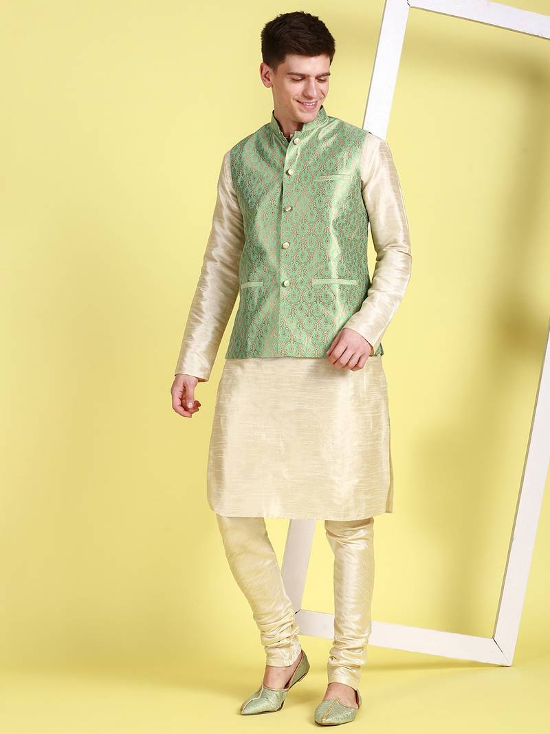 Sanwara Men Green Floral Straight Bandi Jacket with Kurta & Churidar