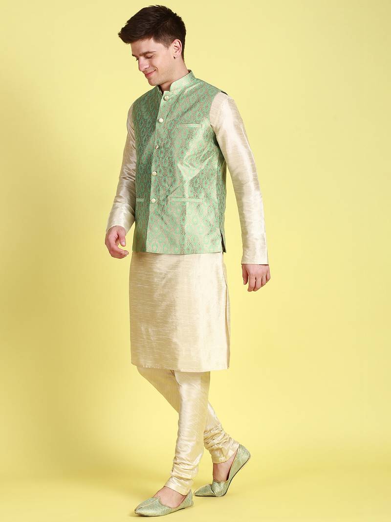 Sanwara Men Green Floral Straight Bandi Jacket with Kurta & Churidar
