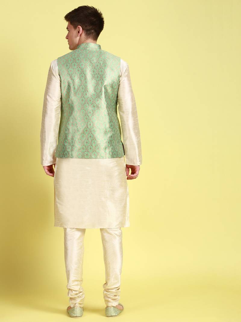 Sanwara Men Green Floral Straight Bandi Jacket with Kurta & Churidar