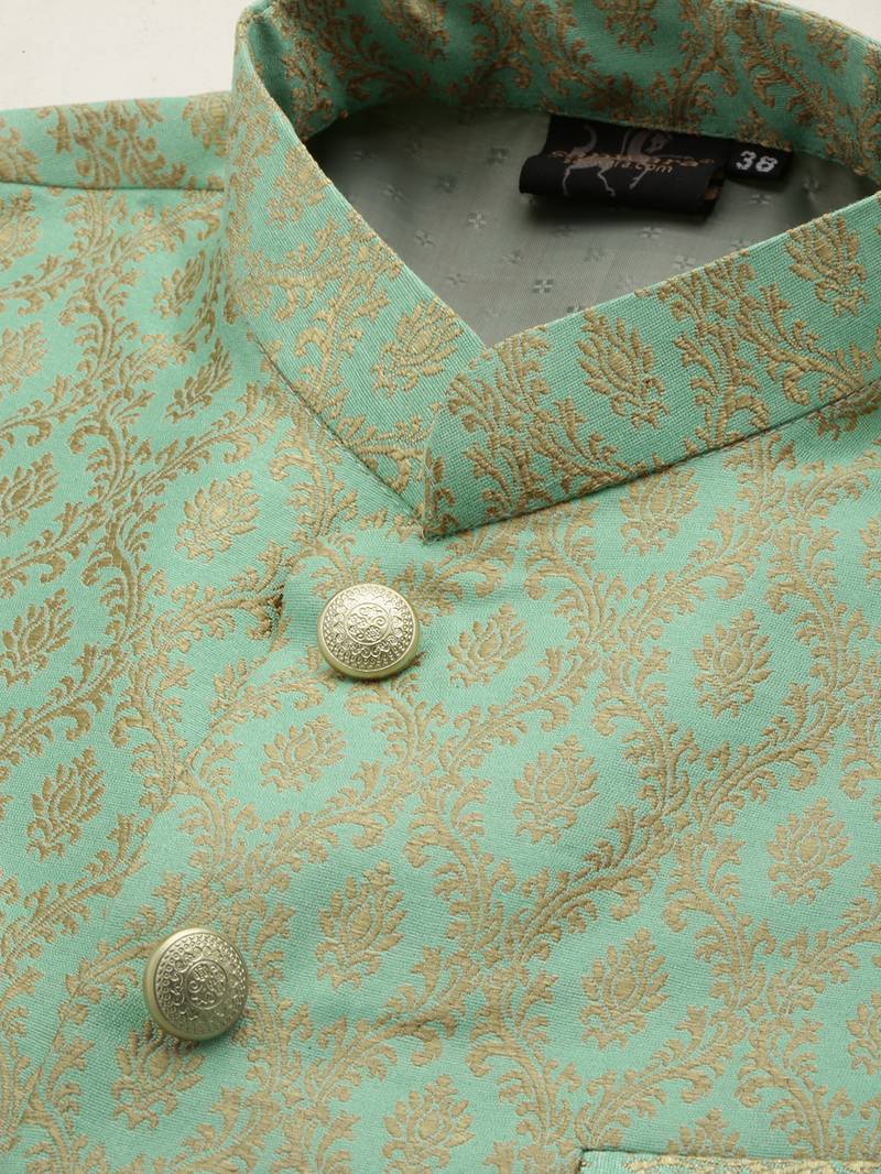 Sanwara Men Green Floral Straight Bandi Jacket with Kurta & Churidar