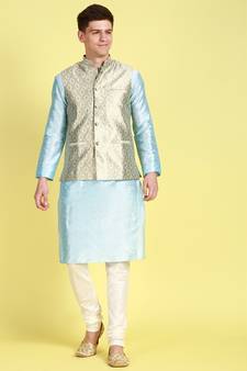 Sanwara Men Sky Blue Floral Straight Bandi Jacket with Kurta & Churidar
