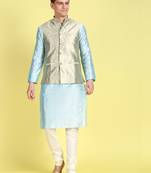 Sanwara Men Sky Blue Floral Straight Bandi Jacket with Kurta & Churidar