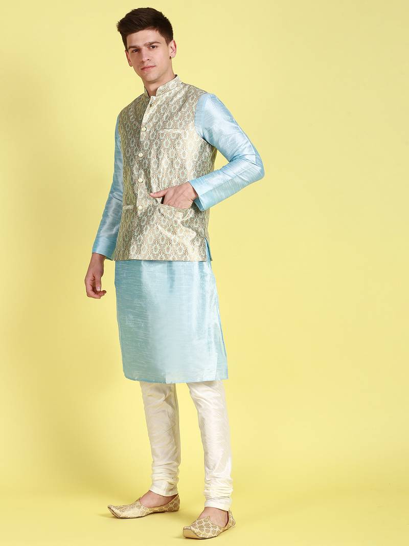 Sanwara Men Sky Blue Floral Straight Bandi Jacket with Kurta & Churidar